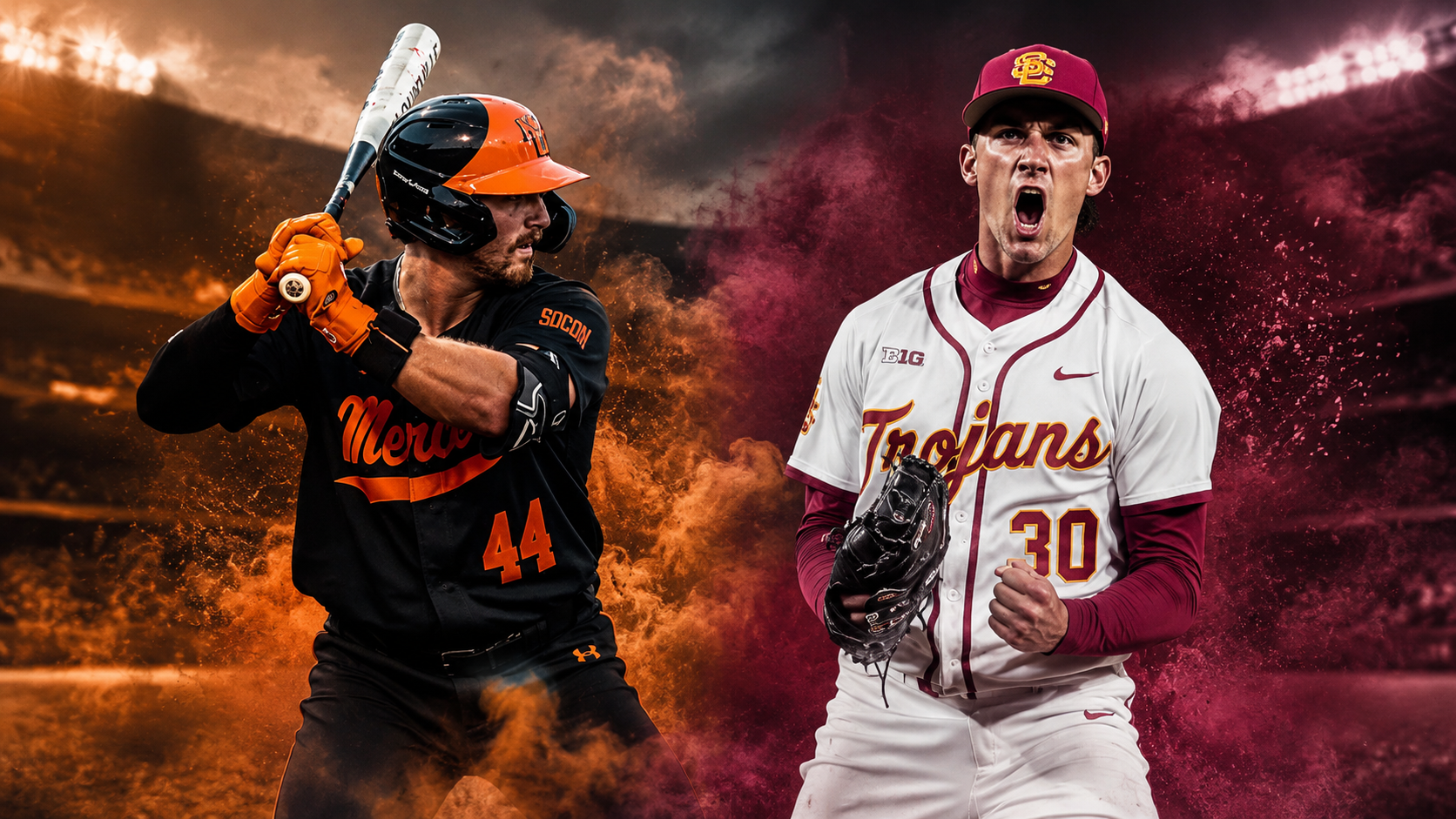 Split graphic: a Mercer baseball hitter (No. 44) on the left and a USC Trojans pitcher (No. 30) on the right, set against a fiery stadium backdrop.