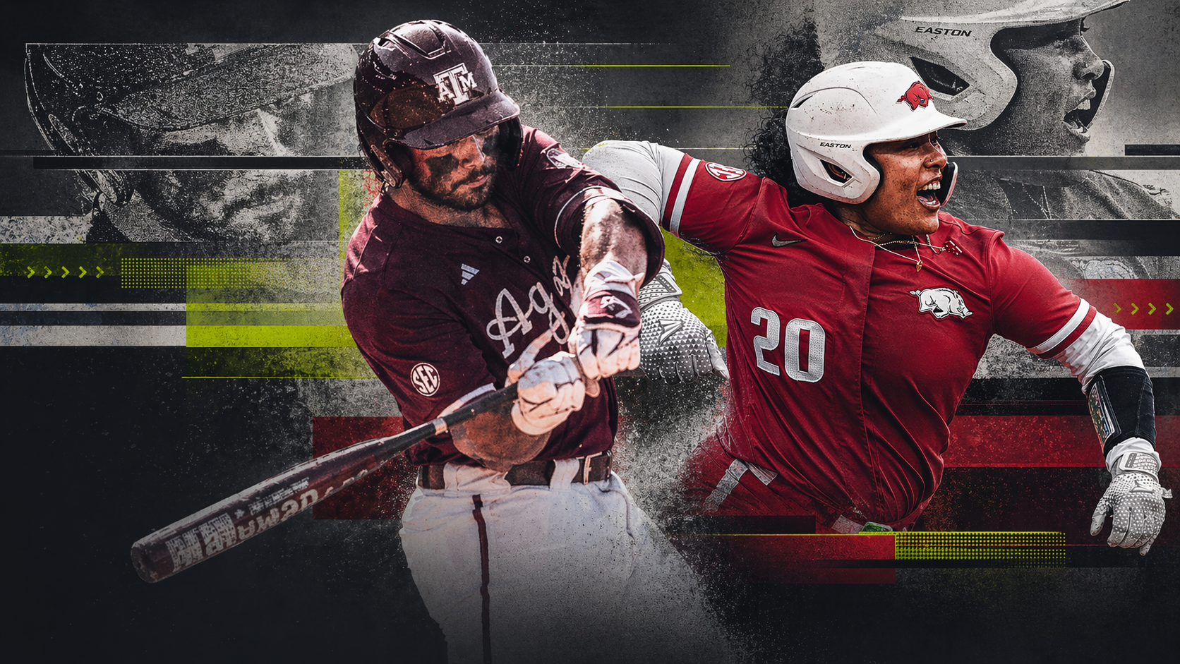 SEC transfer portal illustration — Texas A&M baseball hitter swings alongside an Arkansas softball hitter