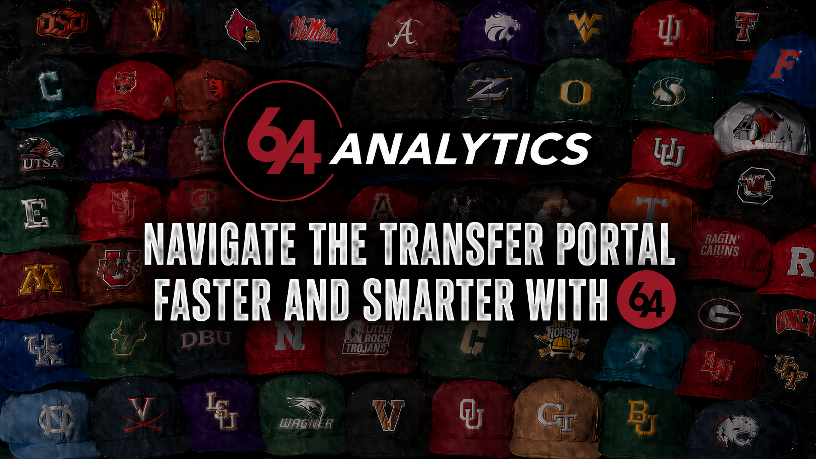 A wall of Division I baseball caps layered behind the 64 Analytics logo and the headline 'Navigate the Transfer Portal Faster and Smarter with 64'