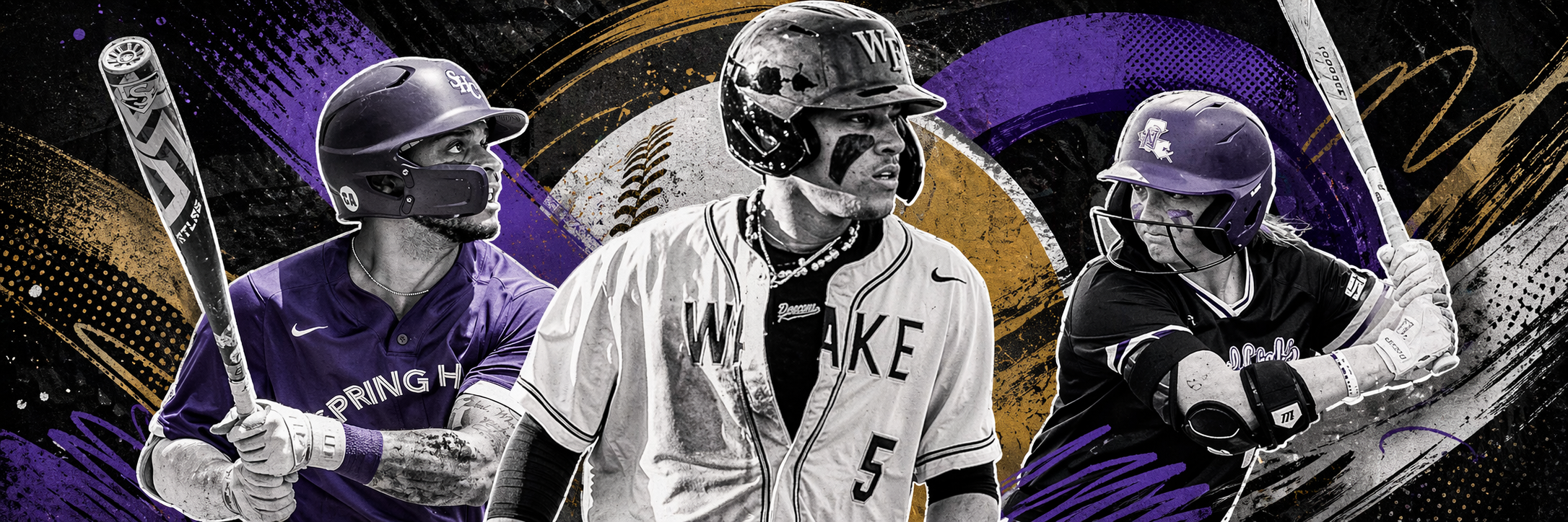 Three college players — two baseball hitters and a softball hitter — pictured against a purple and gold grunge graphic